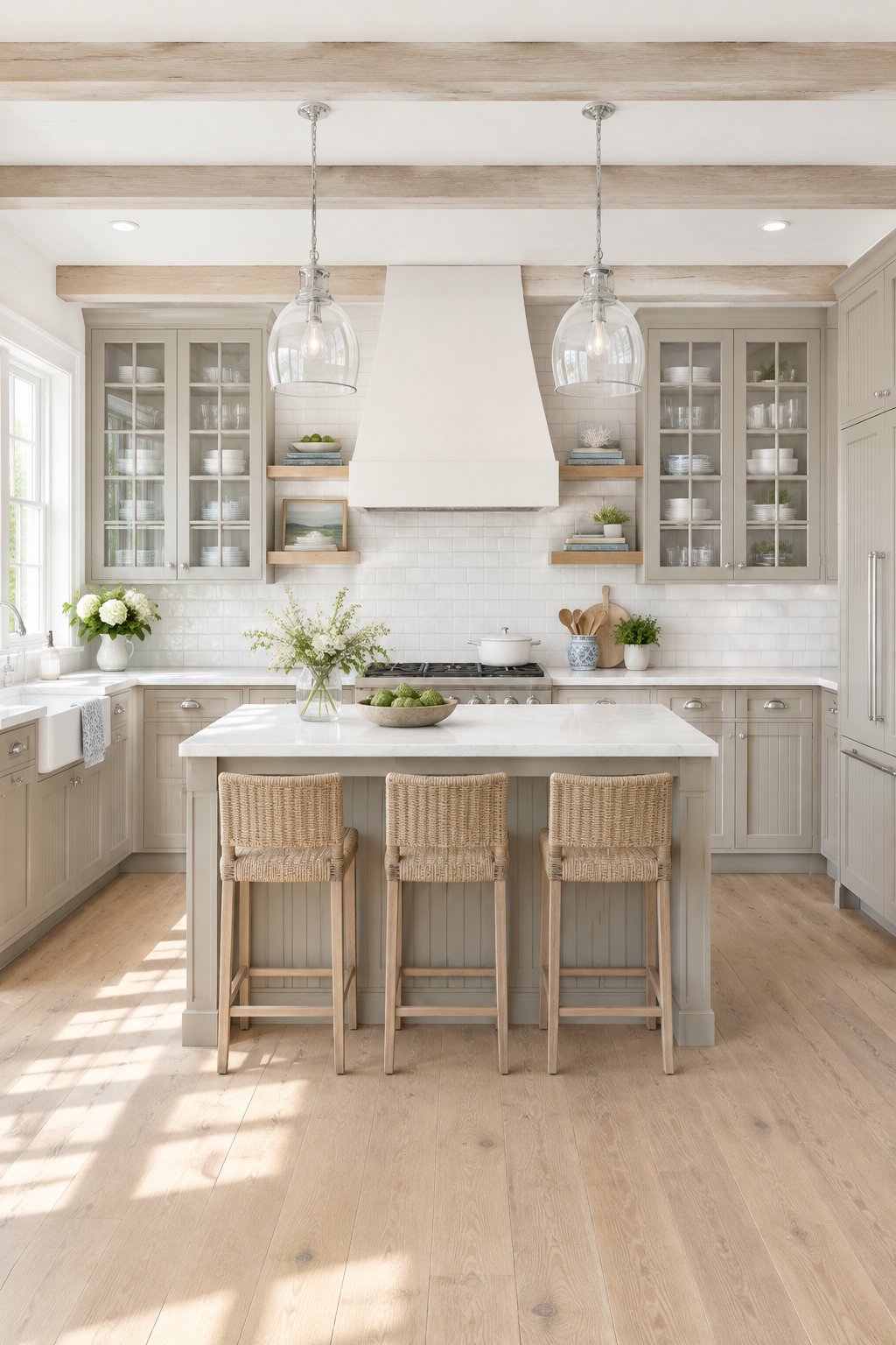 A bright kitchen with gray cabinets, glass-front upper doors, white walls, wood flooring, and chrome hardware.