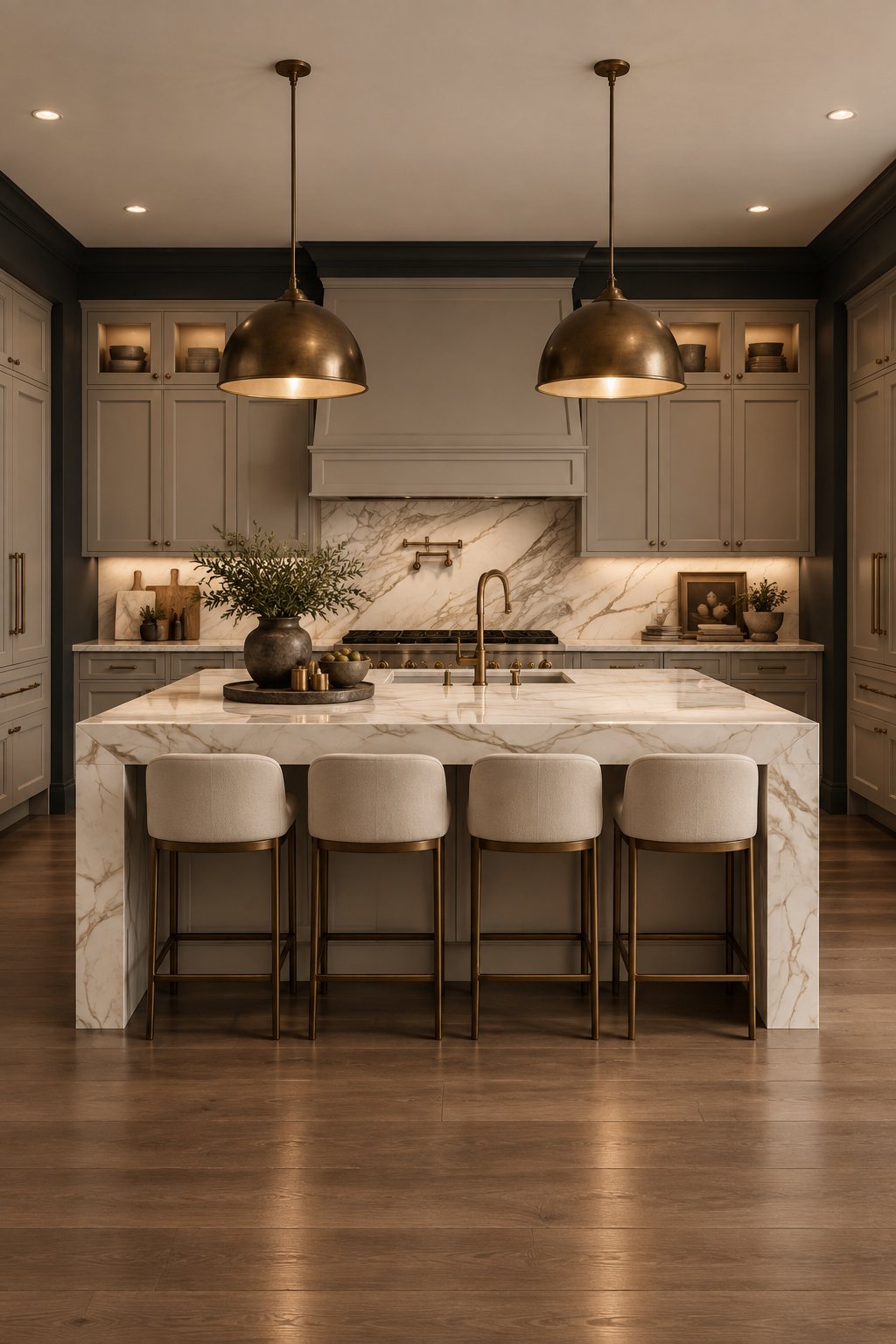 A kitchen with charcoal walls, warm gray cabinets, a marble island, and pendant lights.