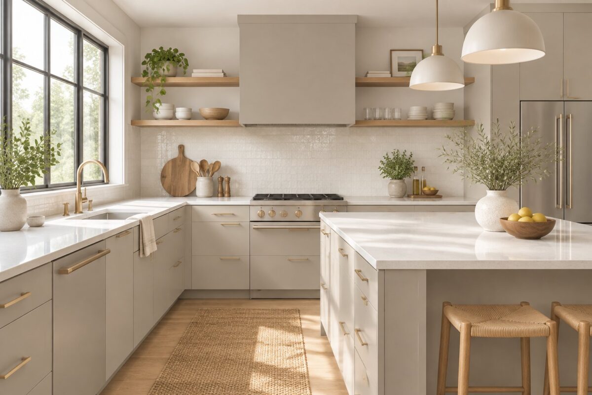 A bright kitchen with gray cabinets, white countertops, open wood shelves, brass handles, and a large window.