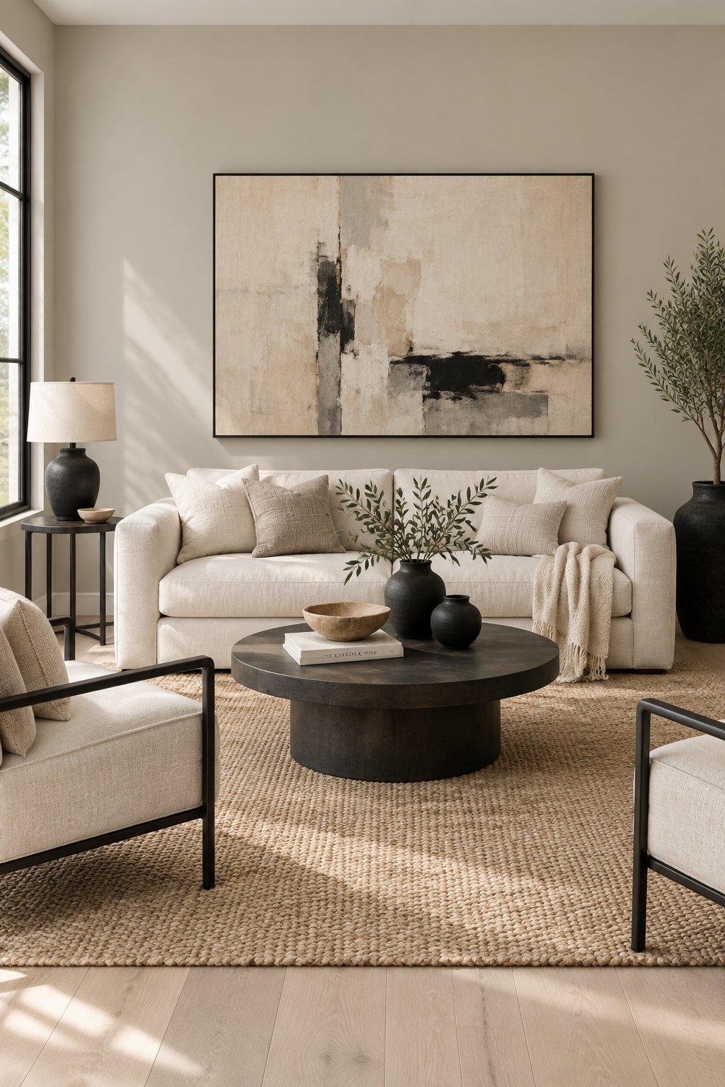 A bright living room with a sofa, rug, decor, and artwork.