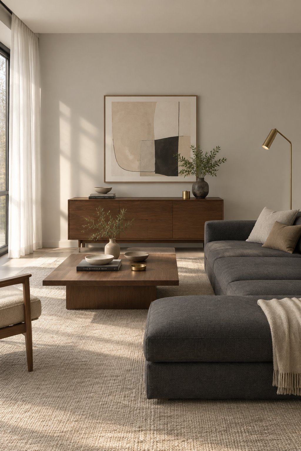 A minimalist living room with gray walls, a charcoal sectional sofa, walnut furniture, brass lamps, and white curtains.