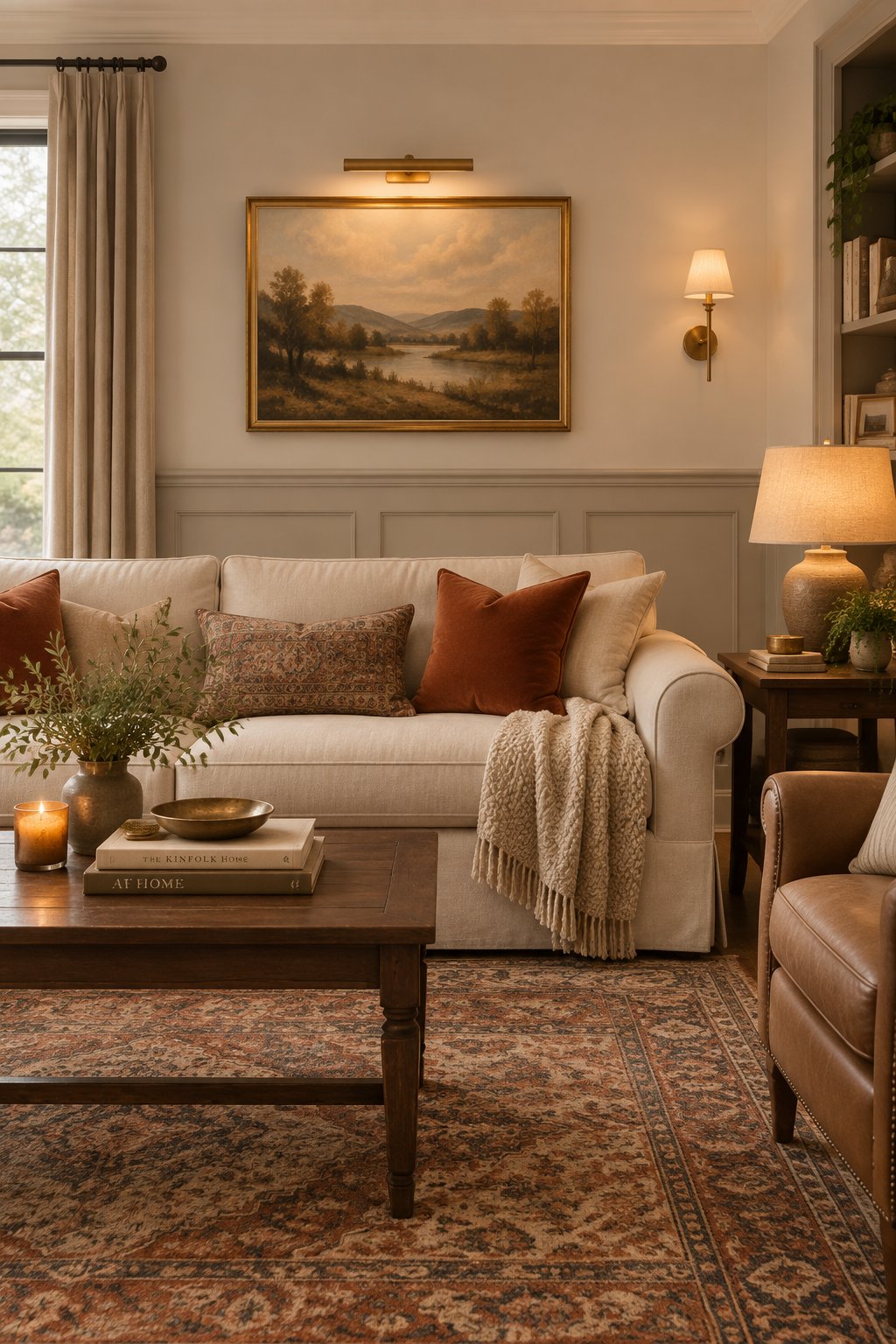 A cozy living room with paneled walls, upholstered pillows, a vintage rug, and warm lighting.