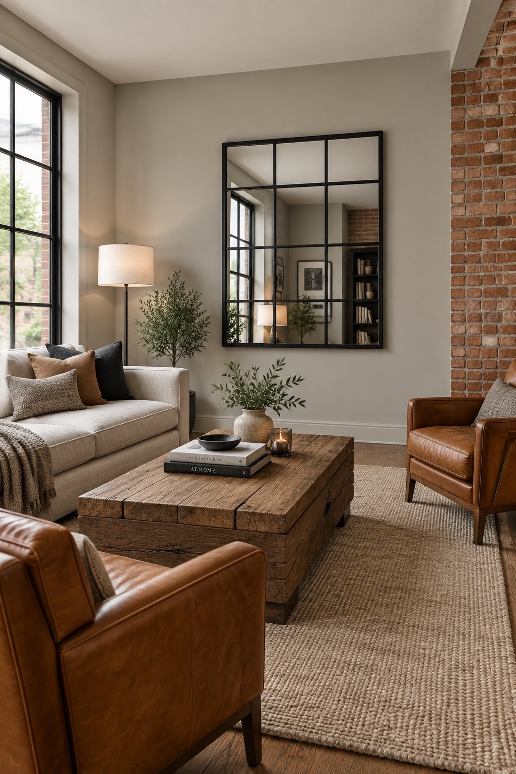 An industrial loft living room with gray walls, a red brick accent wall, leather armchairs, a wood coffee table, and a large black-framed mirror.