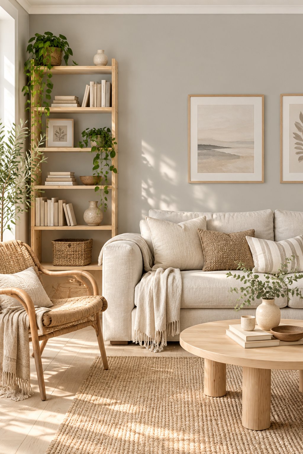 A bright living room with a sofa, shelving, a woven chair, and green plants.