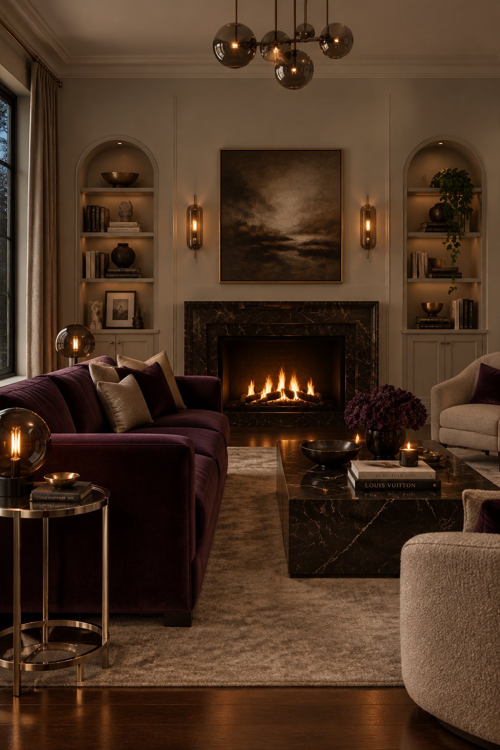 A sophisticated living room with a plum sofa, marble fireplace, and warm evening lighting.
