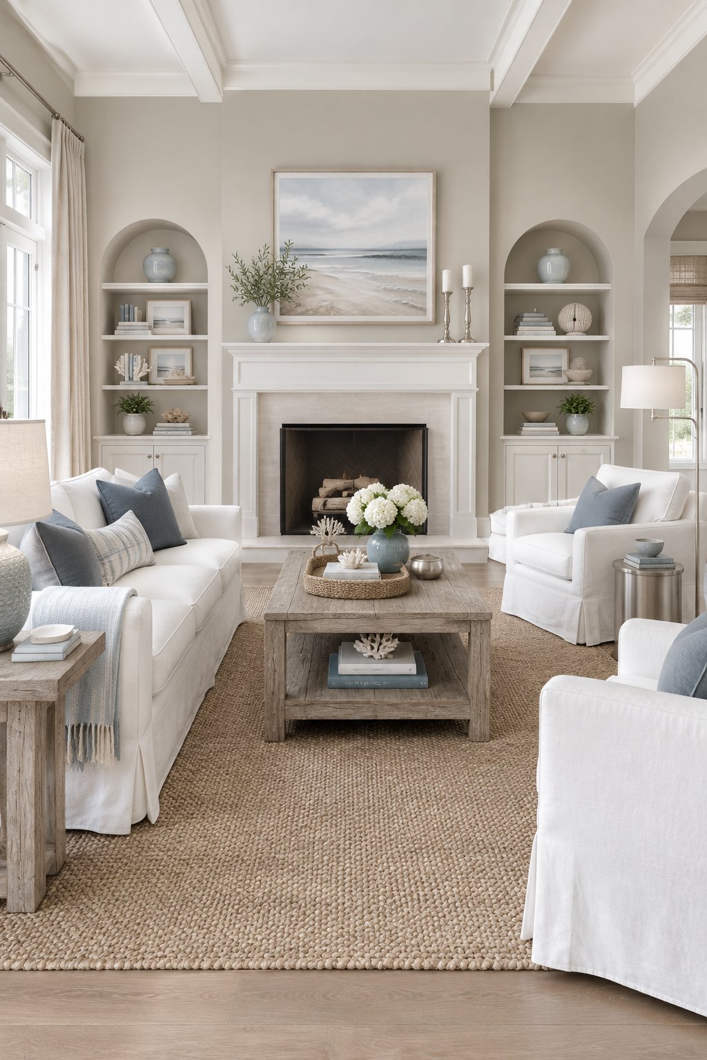A bright living room with neutral walls, light seating, wood furniture, and decorative objects.