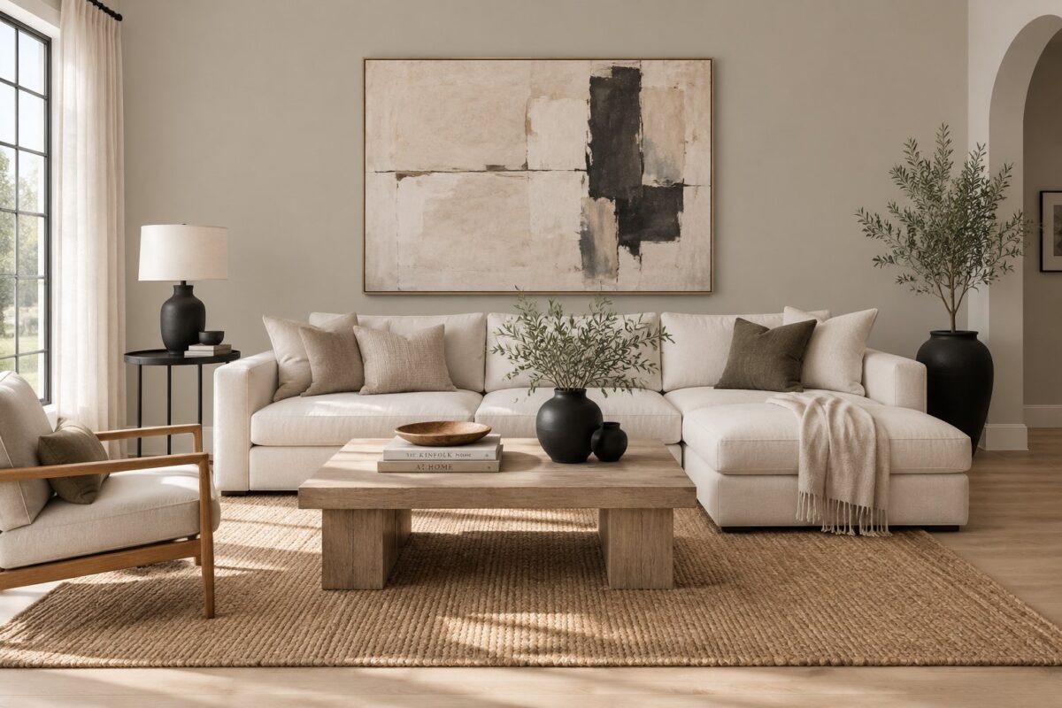 A bright living room with a sofa, rug, artwork, and decorative vases.