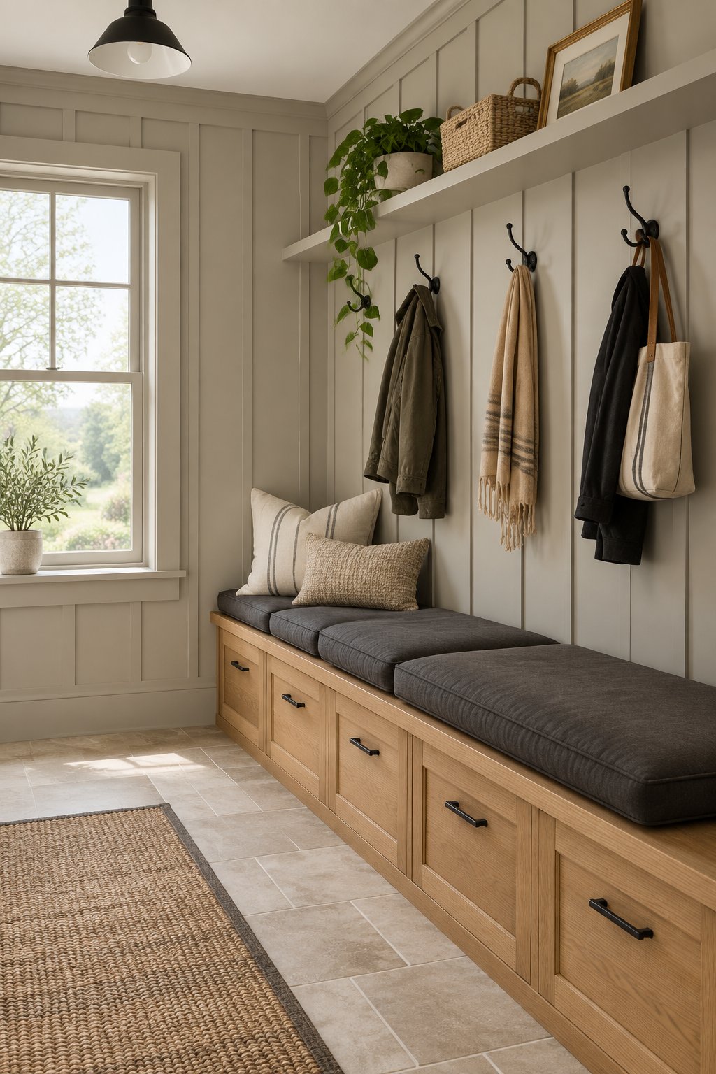 A bright farmhouse mudroom with paneled walls, a wooden bench, coat hooks, and a tiled floor.