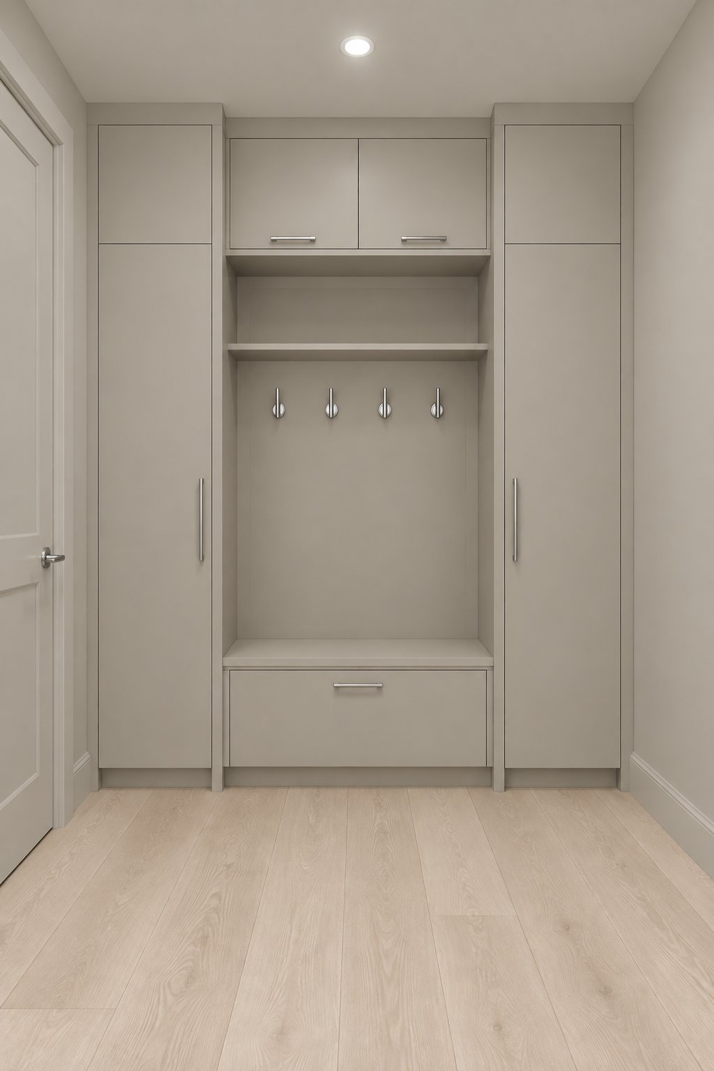 A clean mudroom with built-in cabinets, pale wood flooring, and neutral walls.