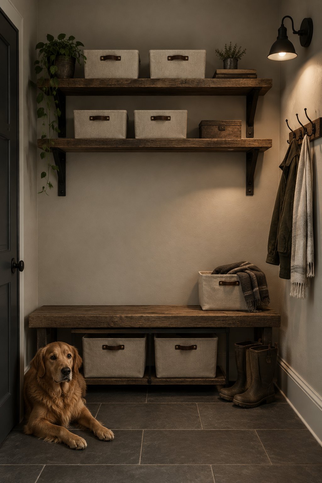 A mudroom with shelves, storage bins, slate flooring, and a wall light.