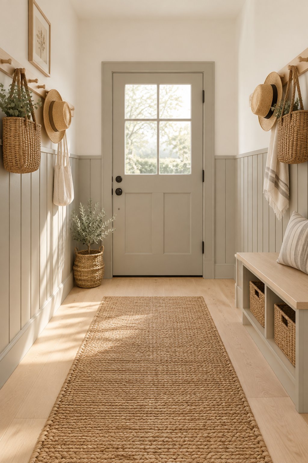 A bright mudroom with wall hooks, baskets, hats, wood flooring, and a woven runner.