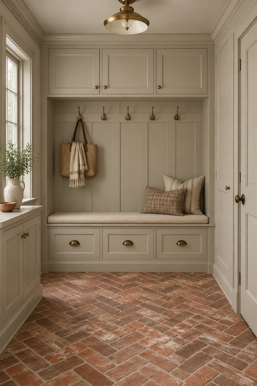 A mudroom with built-in cabinets, drawers, and a brick-patterned floor.