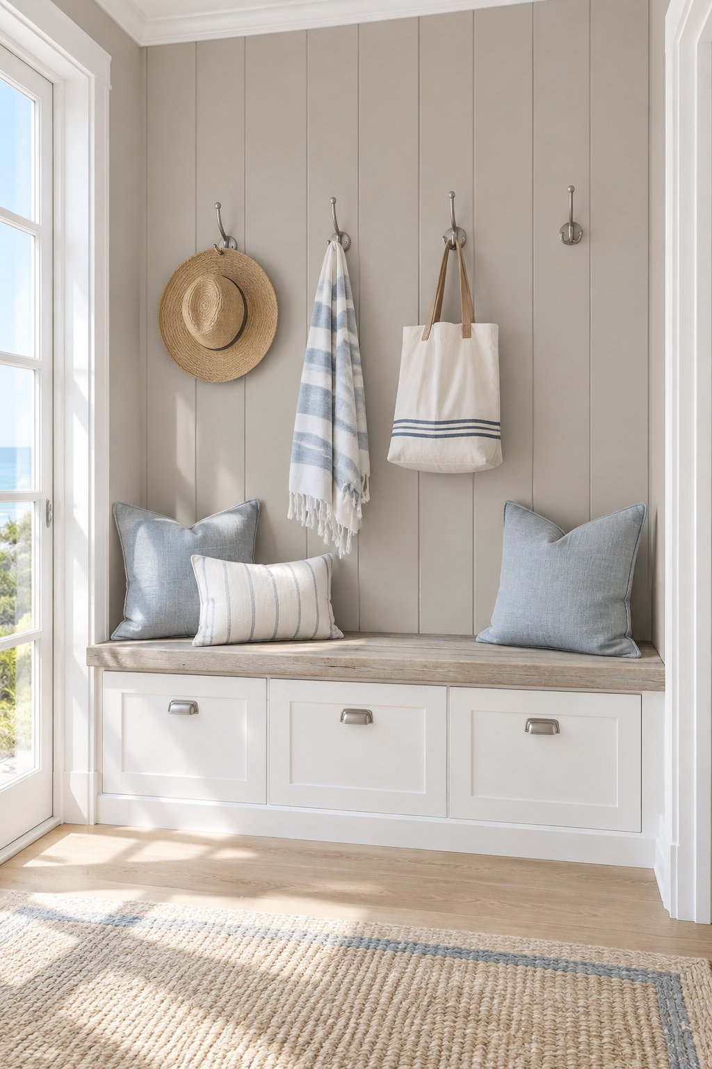 A bright mudroom with shiplap walls, a built-in bench, hooks, and cushions.