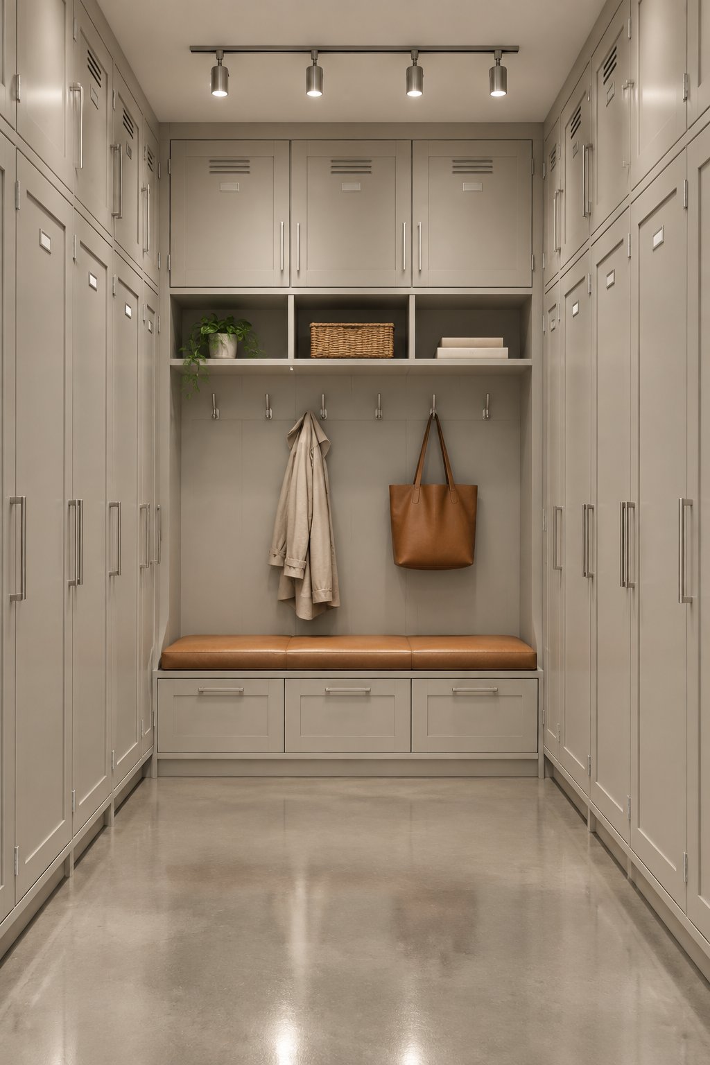 A mudroom with tall built-in lockers, a bench, and a polished concrete floor.
