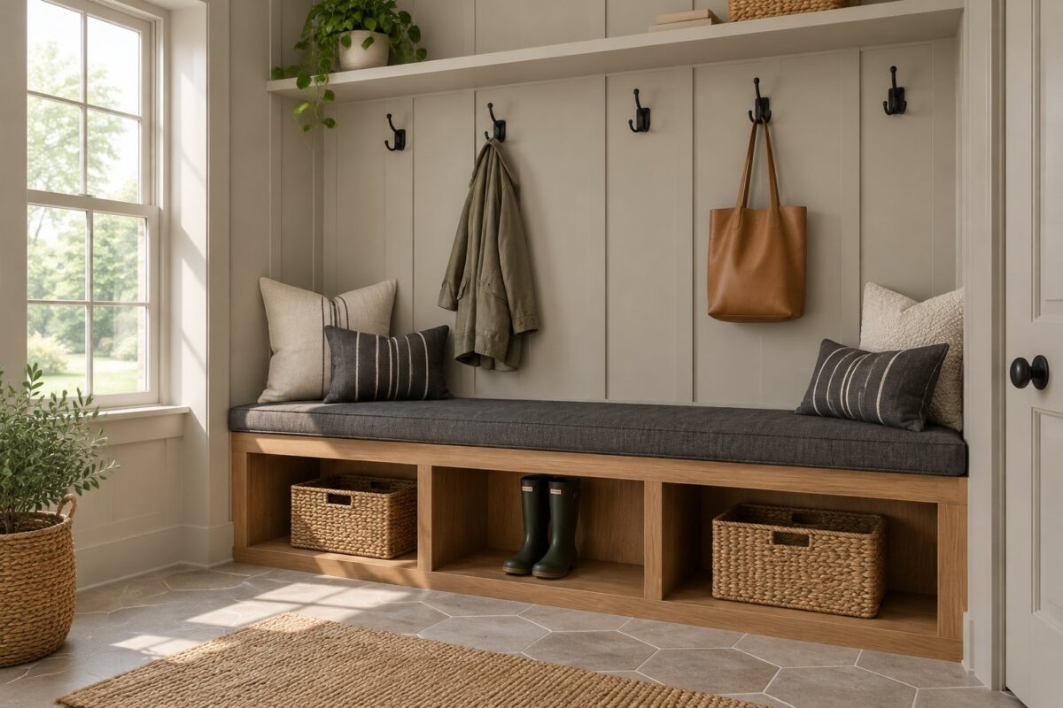A bright mudroom with greige paneled walls, a wooden bench, dark cushions, black hooks, and a tiled floor.