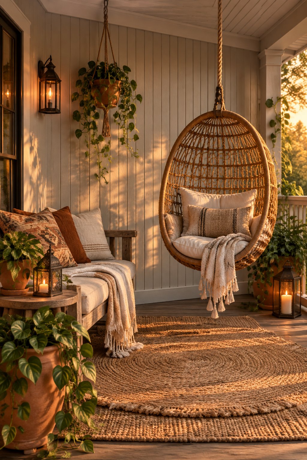 A covered porch with a gray beadboard wall, layered rugs, a hanging chair, potted plants, and lanterns.