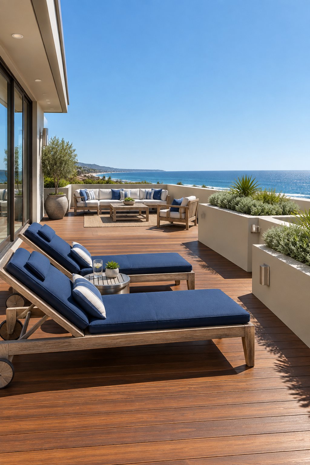 A terraced coastal deck with gray privacy walls, wood flooring, loungers, and blue cushions under a bright sky.