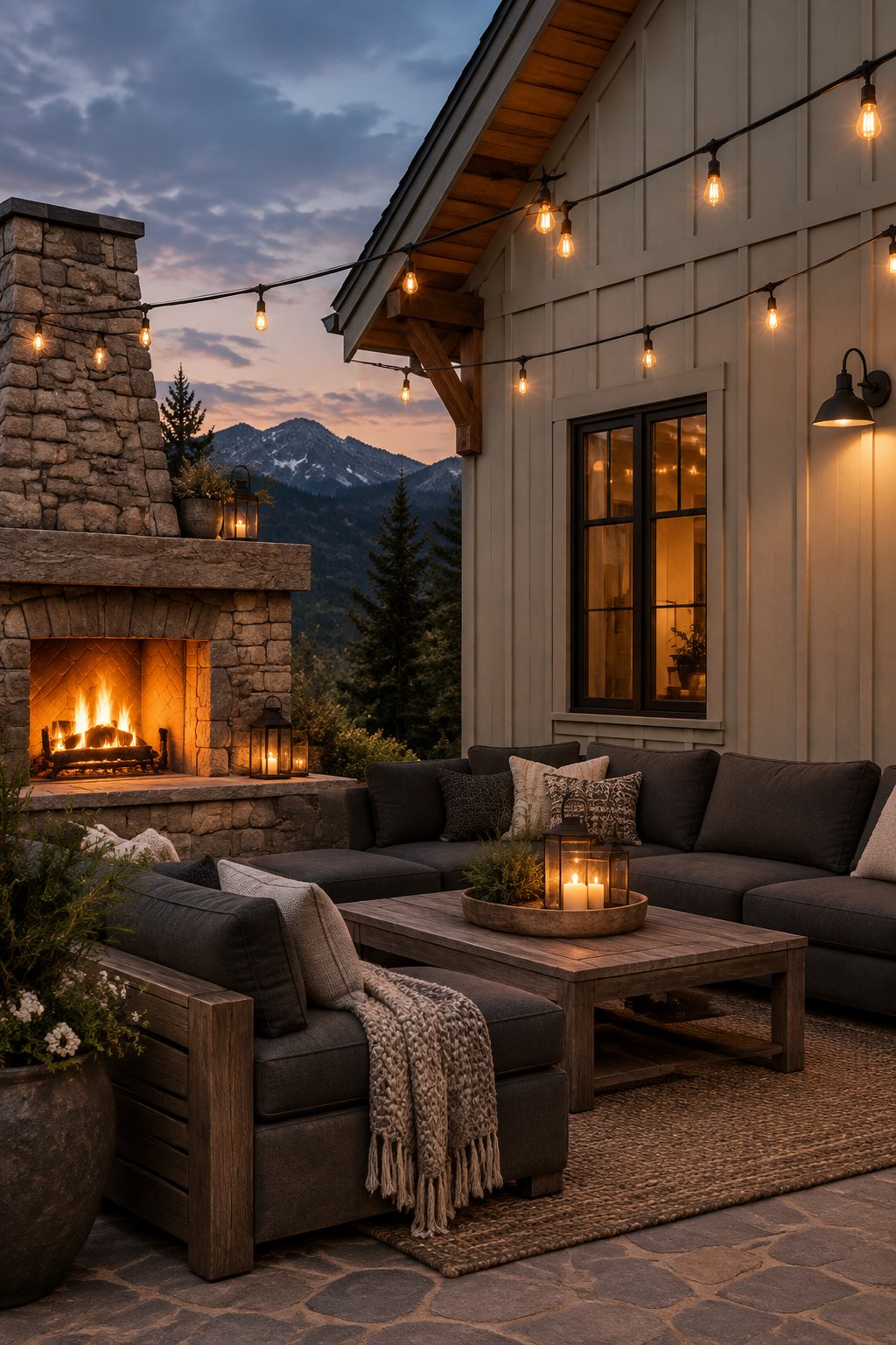 A mountain patio with gray siding, stone fireplace, outdoor seating, and glowing string lights at dusk.
