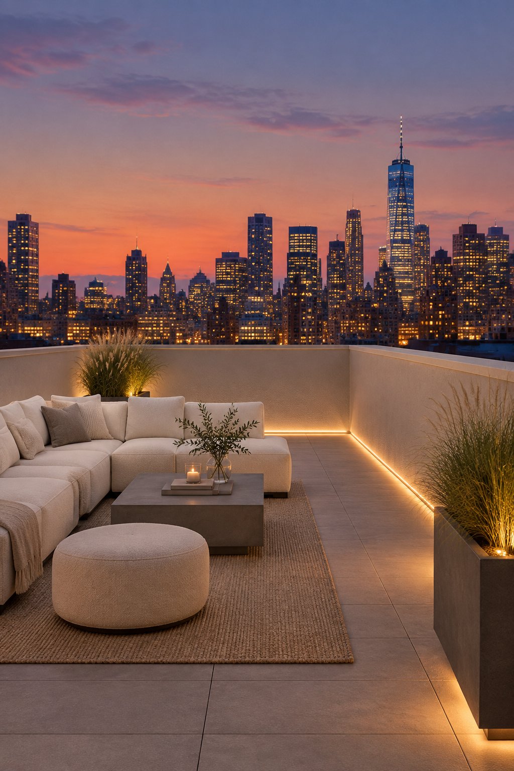 A rooftop terrace with cream sofas, ornamental grasses, illuminated stucco walls, and a city skyline at twilight.