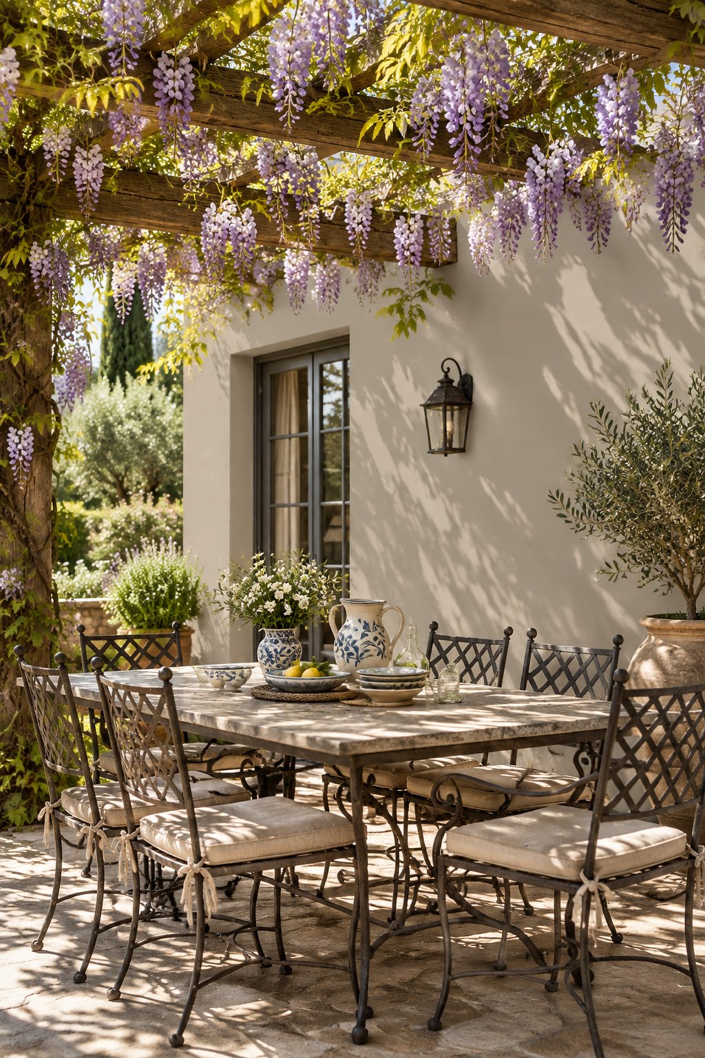 A Mediterranean garden patio with a shaded stucco wall, pergola, wisteria, and a dining table set with ceramic dishes.