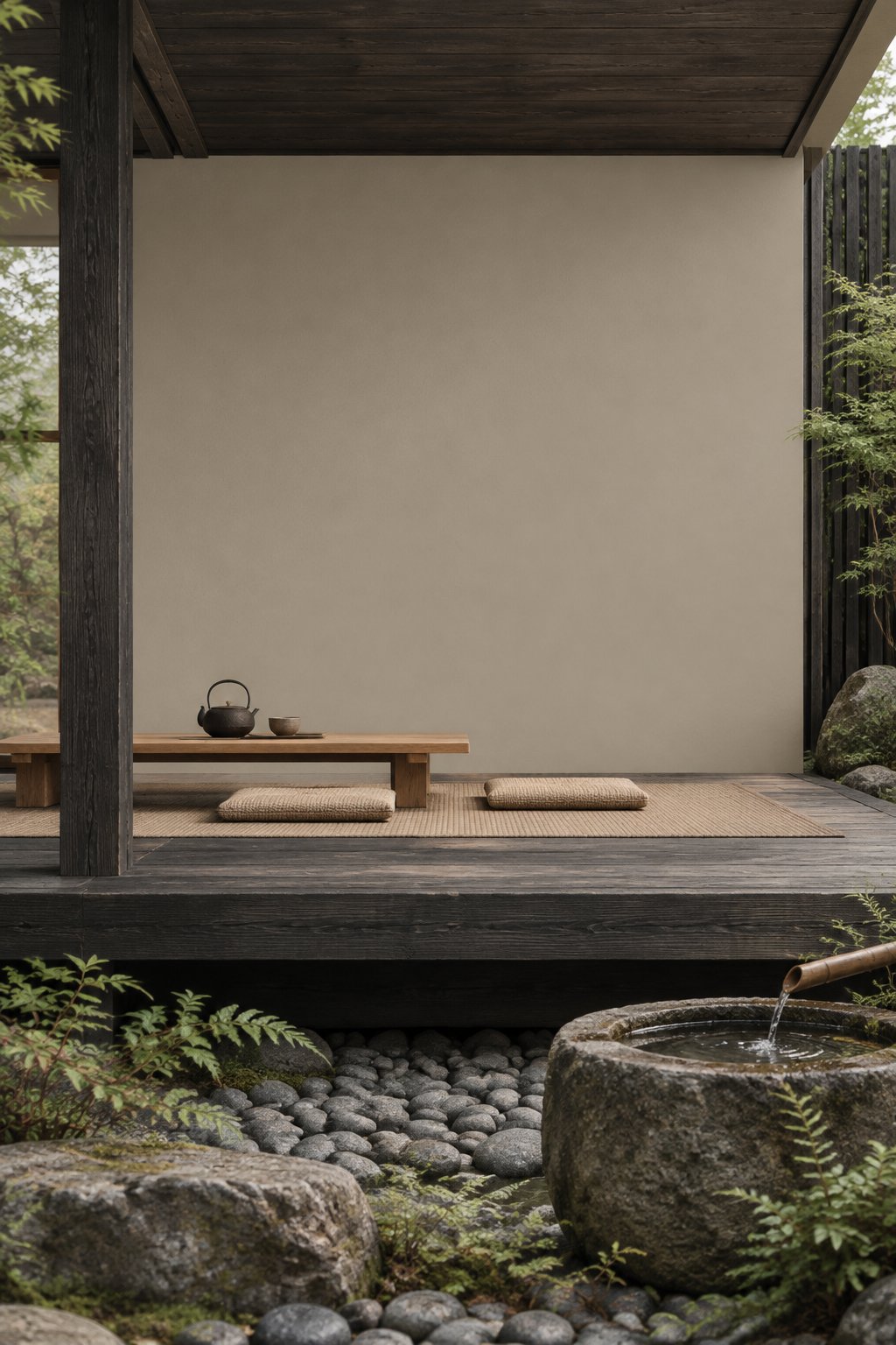 A quiet patio with a smooth light gray wall, dark wood accents, stones, and a shallow water basin.