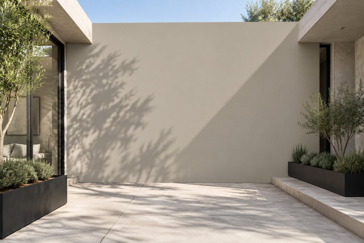 A sunlit courtyard with a gray feature wall, concrete paving, black planters, and greenery.