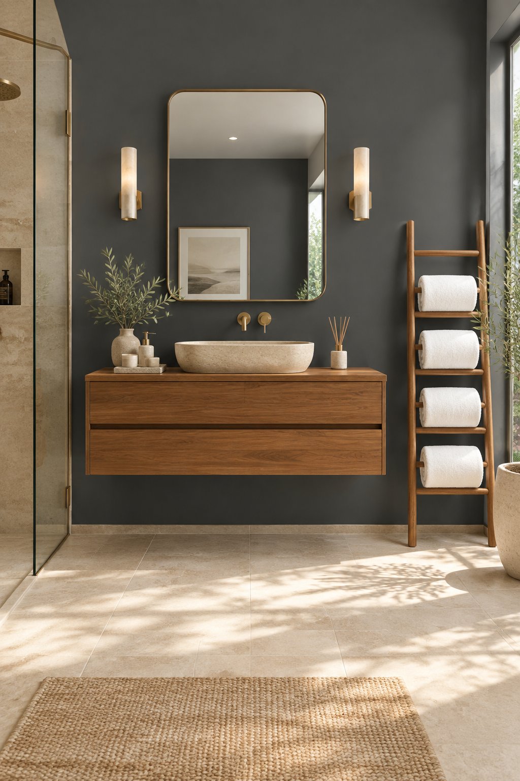 A serene bathroom with dark gray walls, a floating wood vanity, beige stone flooring, and white towels on a ladder rack.