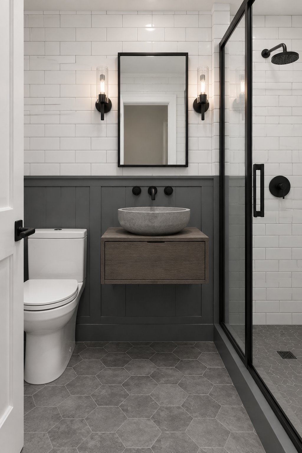 A well-lit bathroom with dark lower walls, white tiled upper walls, a vessel sink, black fixtures, and a glass shower.