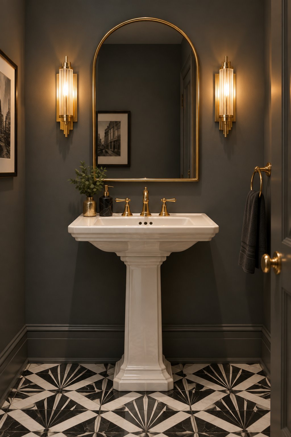 A warmly lit bathroom with dark gray walls, an arched mirror, gold wall lights, and patterned floor tiles.