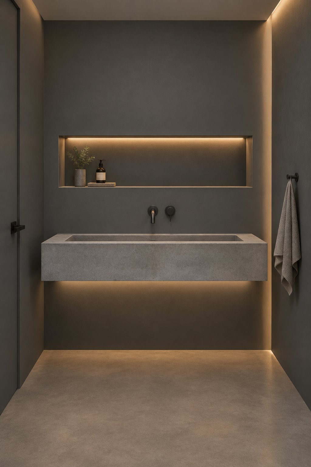 A modern bathroom with dark gray walls, a concrete sink, and a recessed illuminated wall niche.