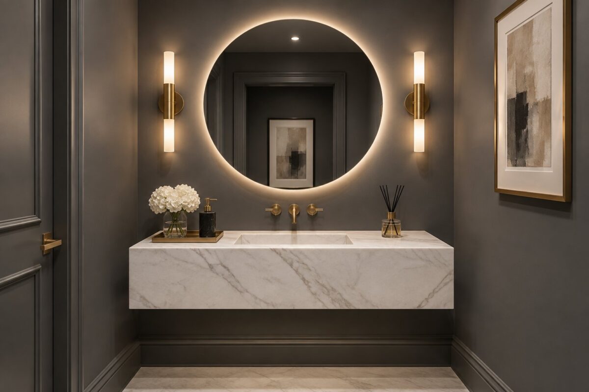 A powder room with dark gray walls, brass sconces, a white marble floating vanity, and a round illuminated mirror.