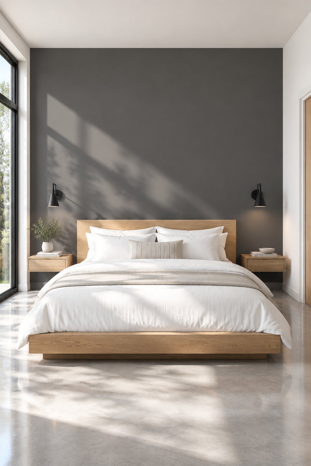A bright bedroom with a charcoal accent wall, white bedding, a wooden bed, black wall lights, and a large sunlit window.