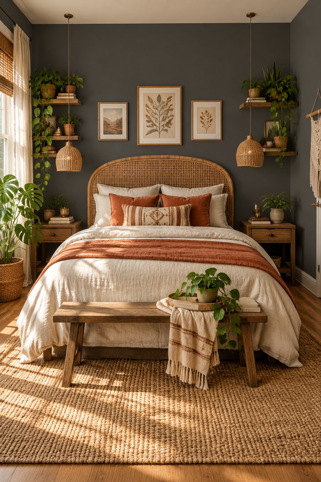 A sunlit bedroom with dark gray walls, a woven headboard, pillows, a rug, and green plants.