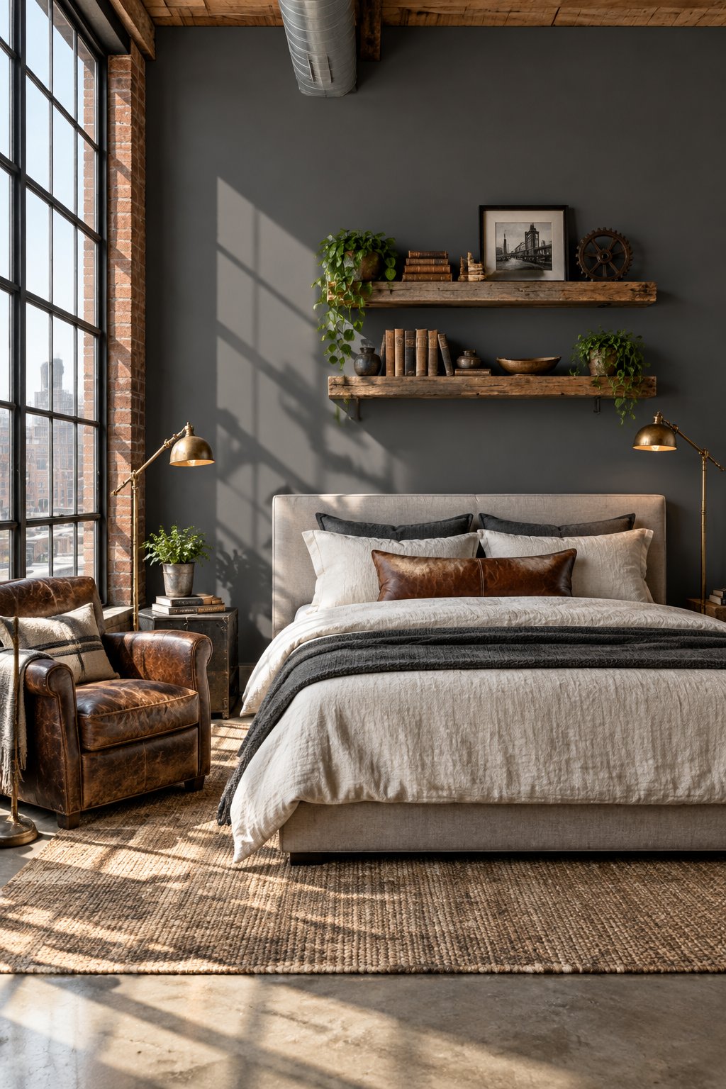 An airy bedroom with charcoal walls, a brown leather armchair, wooden shelves, brass lamps, and large windows.