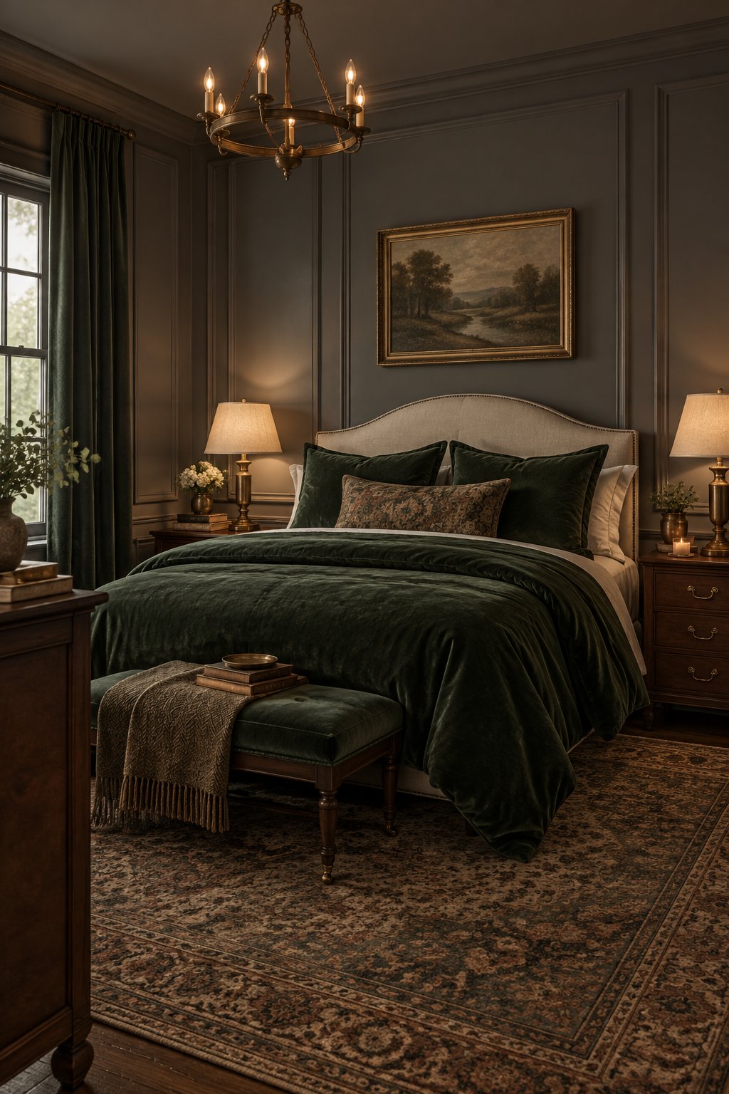 A warmly lit traditional bedroom with dark paneled walls, green bedding, brass details, and a muted patterned rug.
