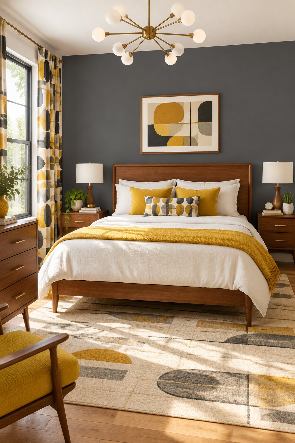 A sunlit bedroom with a dark gray accent wall, a wooden headboard, yellow cushions, patterned curtains, and a ceiling light.