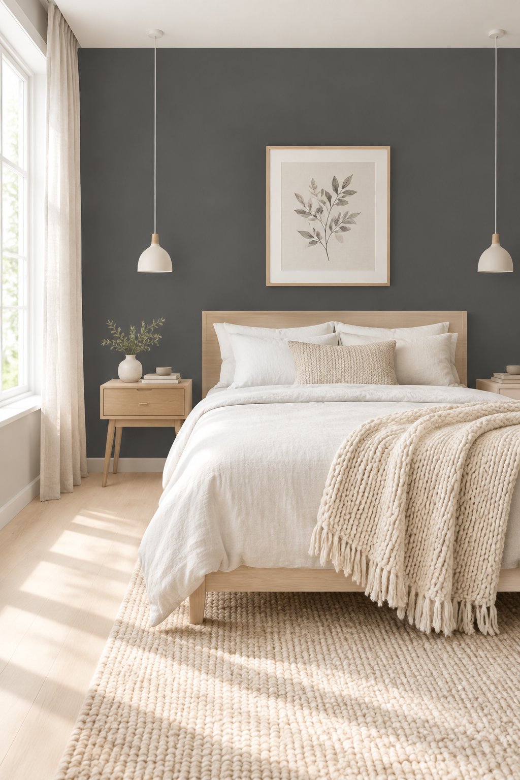 A bright bedroom with dark gray walls, pale wood flooring, light furniture, pendant lights, and cream blankets.