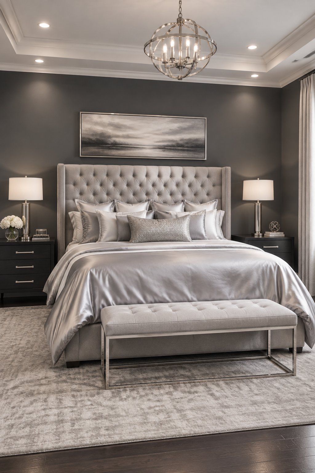 A luxurious hotel suite bedroom with dark gray walls, a large tufted headboard, silver bedding, and recessed ceiling lights.
