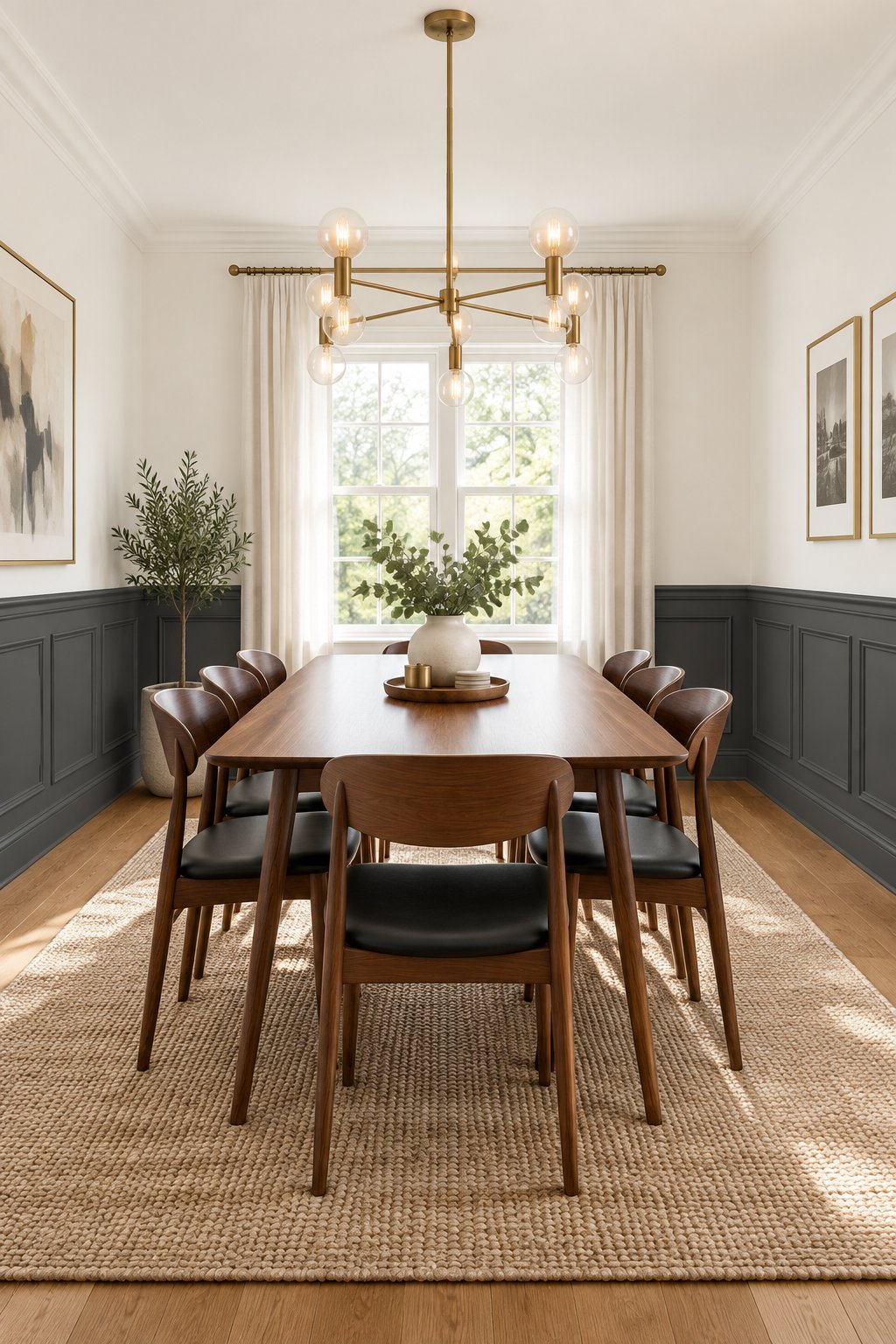 A bright dining room with a central wooden table, matching chairs, wall paneling, and a ceiling light.