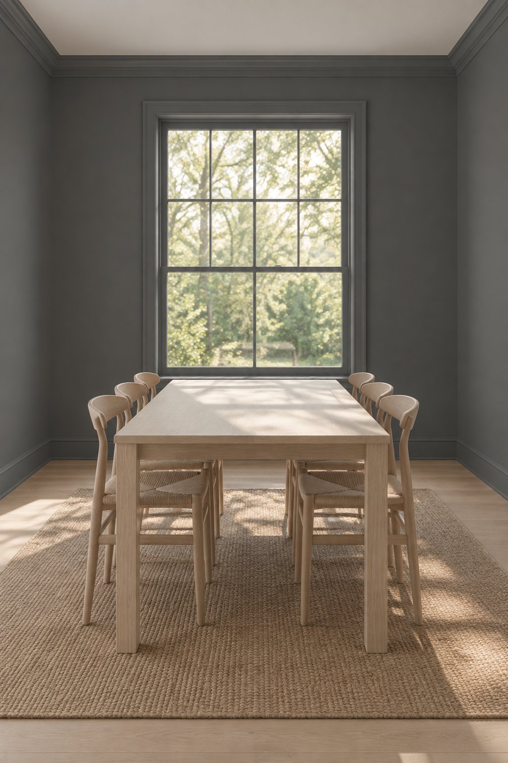 A contemporary dining room with a light wood table and chairs on a woven rug, illuminated by daylight from a window.