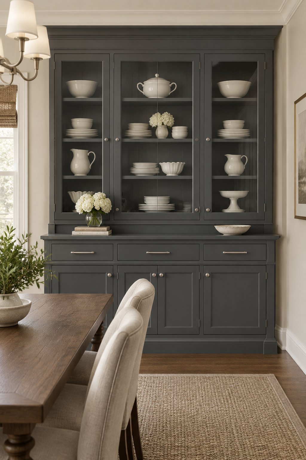 A dining room with a large built-in buffet displaying white dishes behind glass doors.