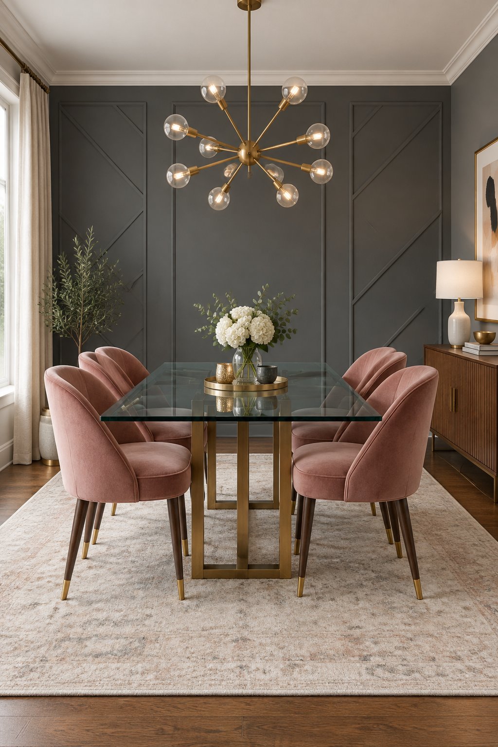 An elegant dining room with a dark gray accent wall, a glass dining table, pink upholstered chairs, and a brass chandelier.