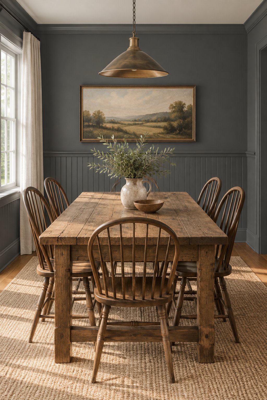A sunlit dining room with a wooden table, chairs, and gray paneled walls.
