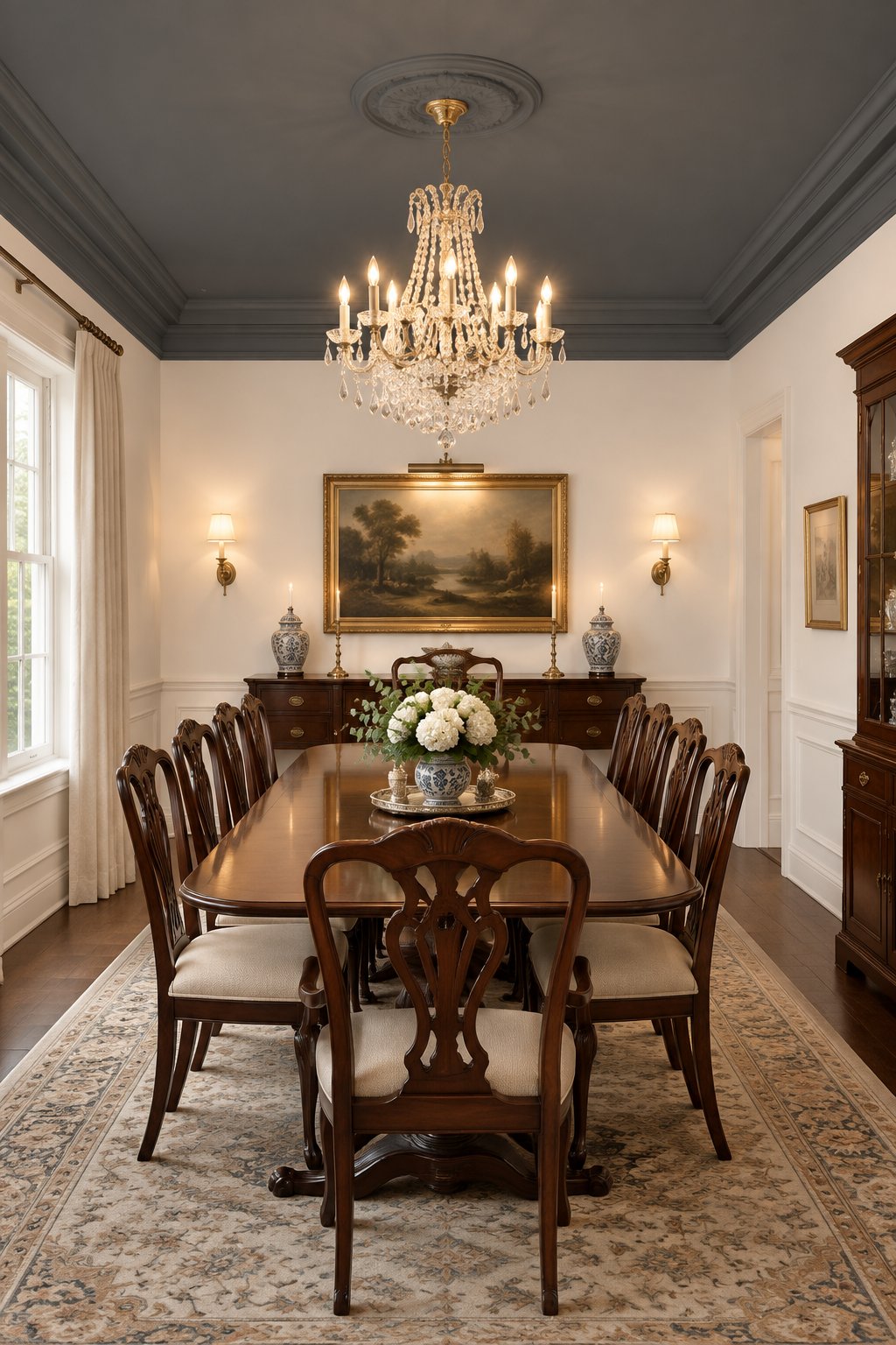 A dining room with a table and chairs beneath a chandelier.