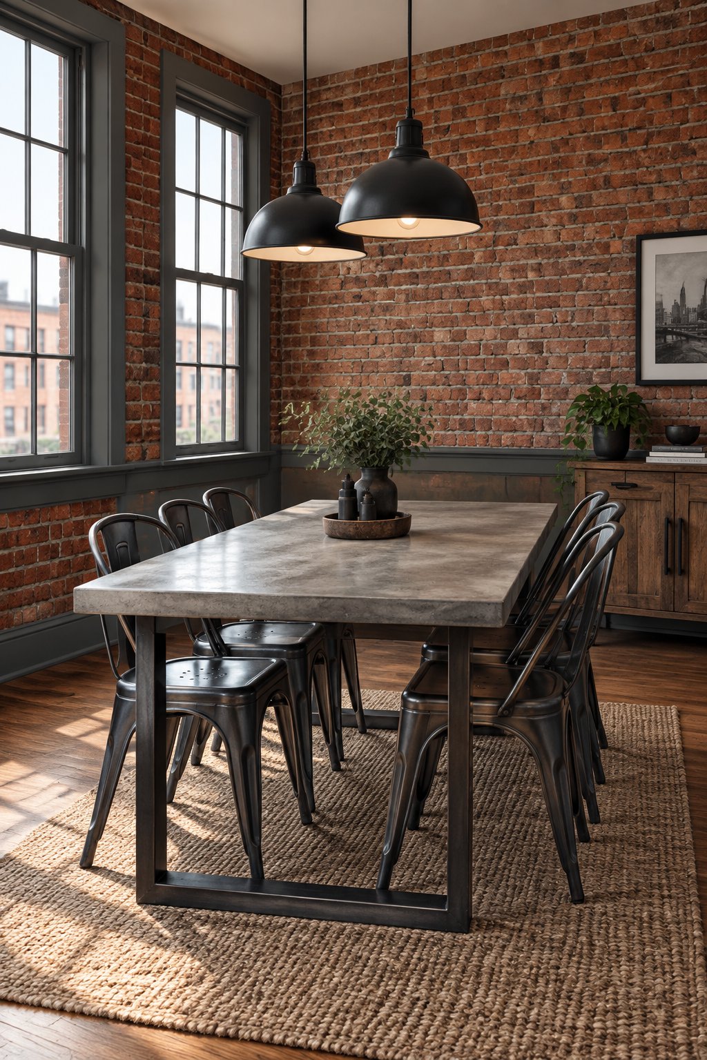 An industrial loft dining area with a brick wall, dining table, metal chairs, windows, and hanging lights.