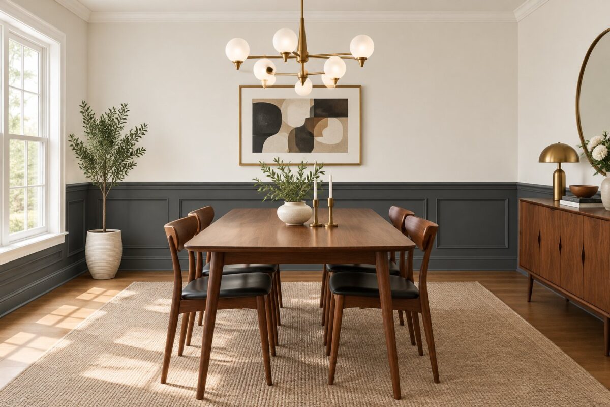 A formal dining room with a central wooden table, chairs, wall paneling, and a ceiling light.