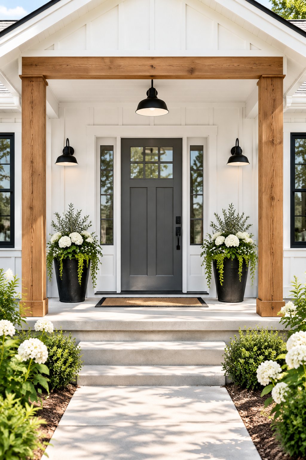 A modern farmhouse front porch with a dark gray door, white siding, cedar posts, and black light fixtures.