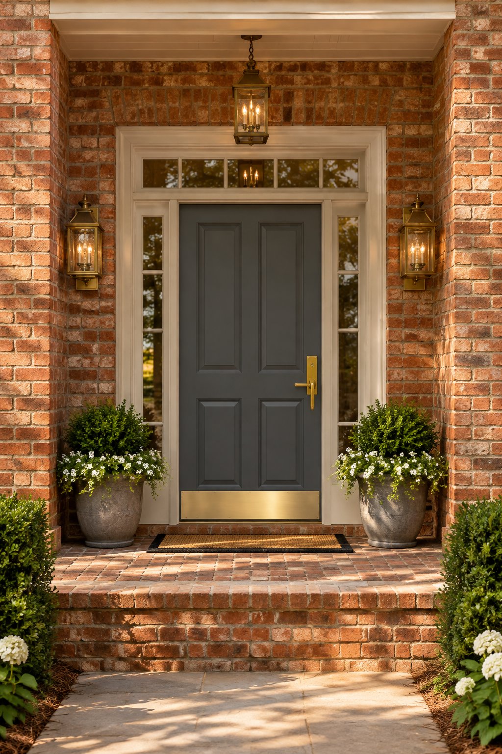 A traditional home entryway with a dark gray front door set into red and orange brick walls.