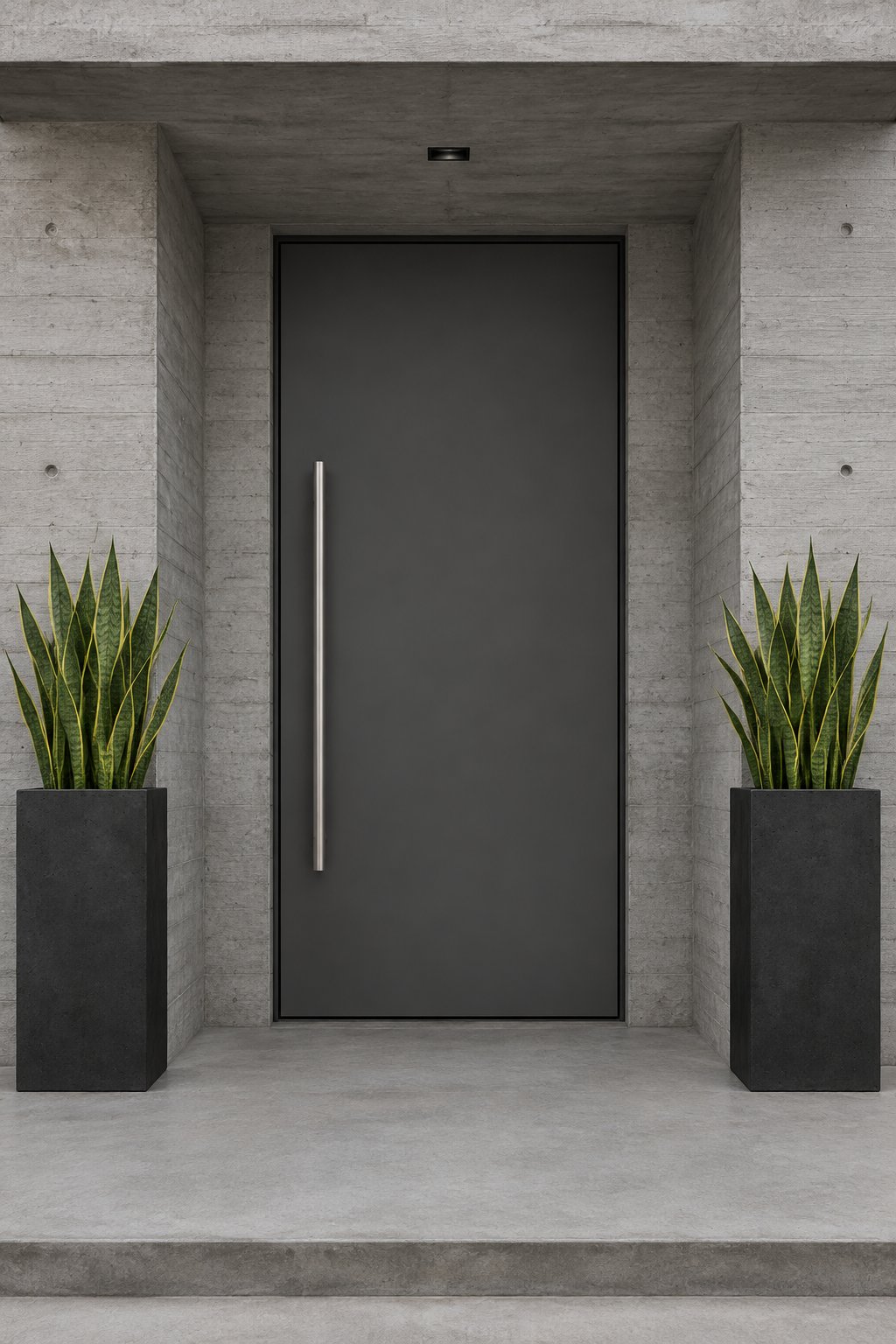 A modern concrete entrance with a dark gray door, a metal pull handle, and tall planters holding green snake plants.