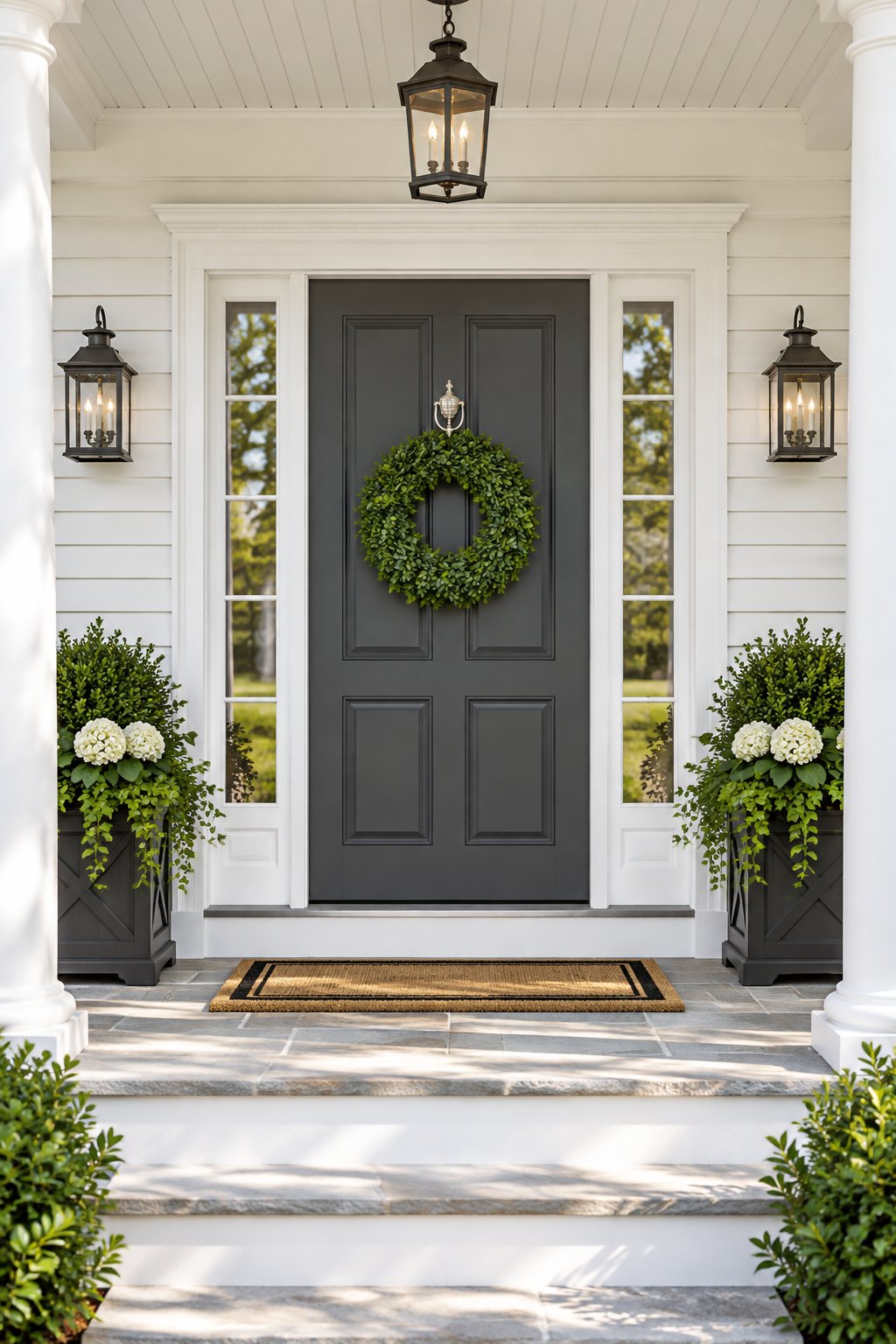 A white colonial home with a charcoal gray front door, green wreath, and bright morning light.